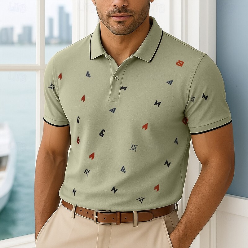Male Abstract Short Sleeve Polo Collar Modern Sports & Outdoor Casual Athleisure Summer White Green Khaki