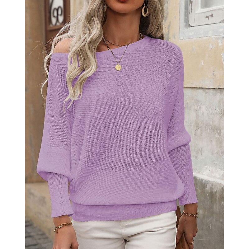 Women's Sweater Pullover Streetwear Casual Solid Color Ribbed Off Shoulder Knitted Long Sleeve Regular Tops Knit Going out Weekend White Purple Fall4