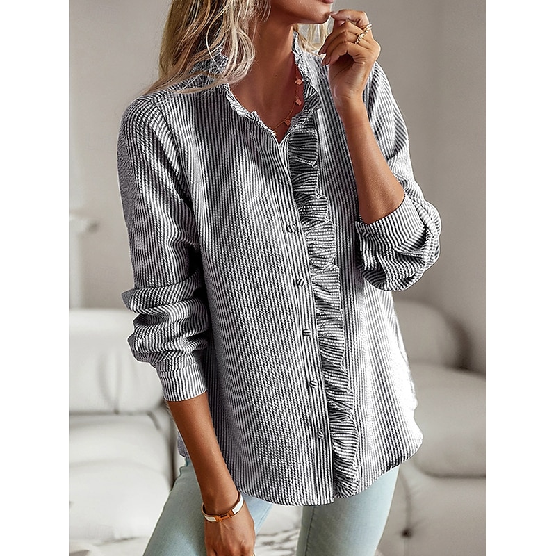 Women's Shirt Button Down Blouse Solid Color Plain Striped Elegant Stylish Basic Long Sleeve Crew Neck Regular Tops Daily Ruffle Buttons White Pink Sky Blue Gray Spring Fall Winter3