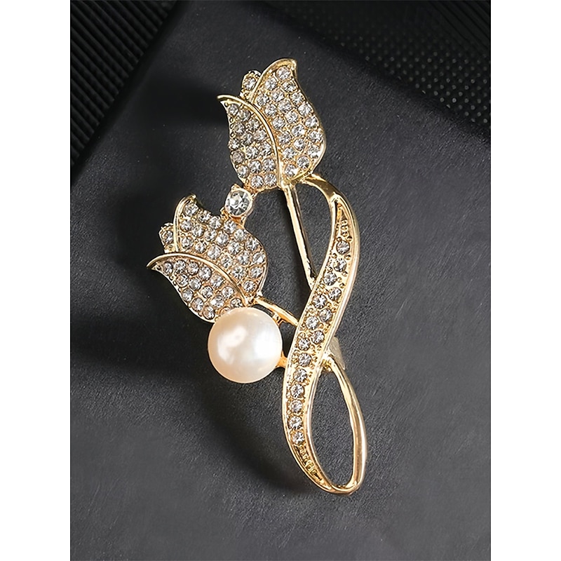Women's Rhinestone Tulip Flower Brooch with Pearl Decoration, Elegant Alloy Lapel Pin for Office Jackets, Dresses, Weddings and Formal Occasions