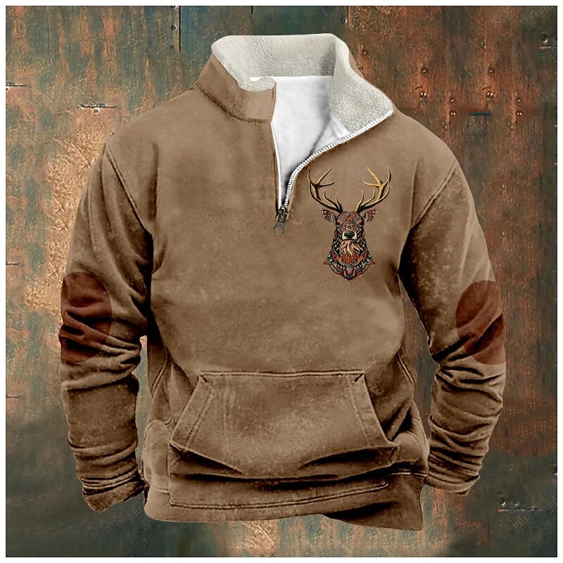 Men's Sweatshirt Quarter Zip Sweatshirt Black Brown Half Zip Color Block Reindeer Half Zip Print Sports & Outdoor Daily Holiday Polyester Vintage Streetwear Casual Fall & Winter Clothing Apparel