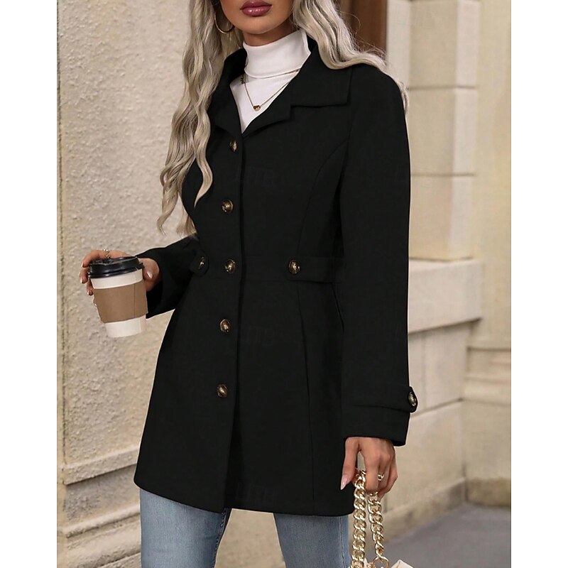 Women's Winter Coat Coat Warm Comfortable Buttons Fashion Plain Vacation Casual Daily Single Breasted Regular Turndown Regular Fit Long Sleeve Outerwear Black Fall Winter3