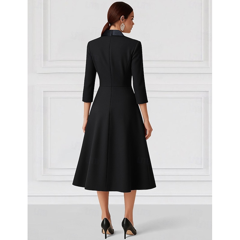 Tuxedo Dress A-Line Formal Wedding Guest Satin Elegant Minimalist 3/4 Length Sleeve Tea Length Lapel Double Breasted3