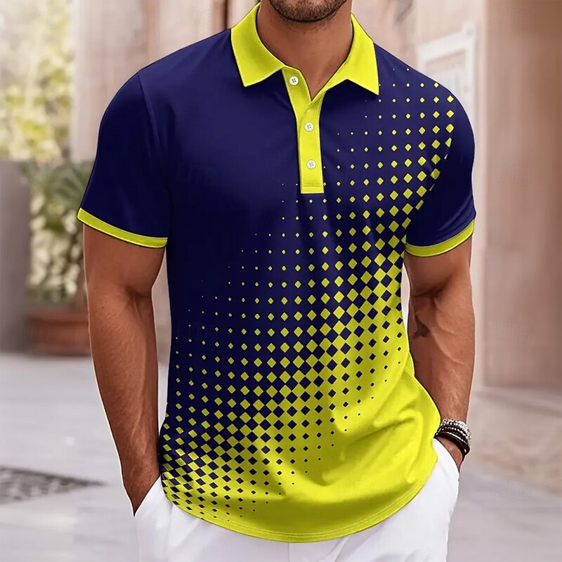 Men's Abstract Geometic Polo Short Sleeve Turndown Casual Daily Athleisure Casual Daily Buttons Summer Robin's Egg Blue Yellow Purple