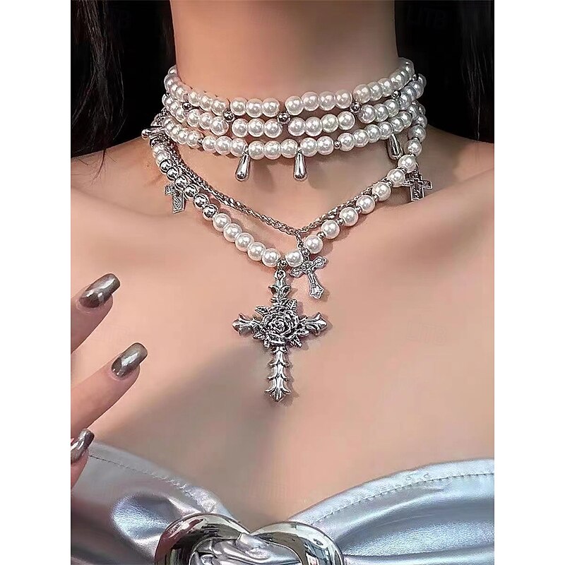 Women's Gothic Pearl Rose Thorn Cross Multi-layer Necklace - Vintage Multi-strand Necklace Jewelry for Halloween Parties and Vintage Occasions3