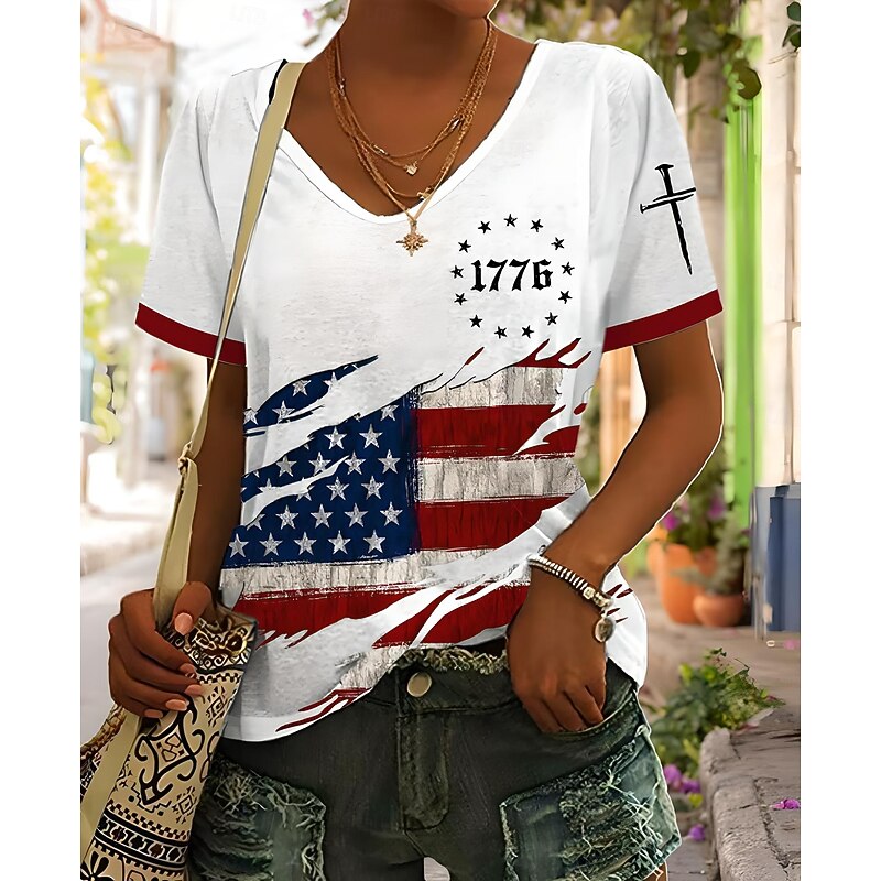 Women's Patriotic  T Shirt Graphic American Flag Vintage Stylish Classic Short Sleeve V Neck Regular Tops Daily Weekend Print Blue Summer Spring3