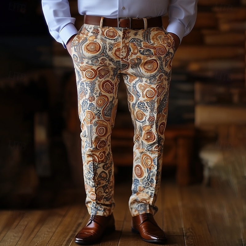 Men's Paisley Ethnic Dress Pants Trousers Suit Pants Mid Waist Vintage Retro Vacation Casual Regular Fit Flat-Front Straight Leg Pants with Pockets Summer Spring Fall 3D Print Orange