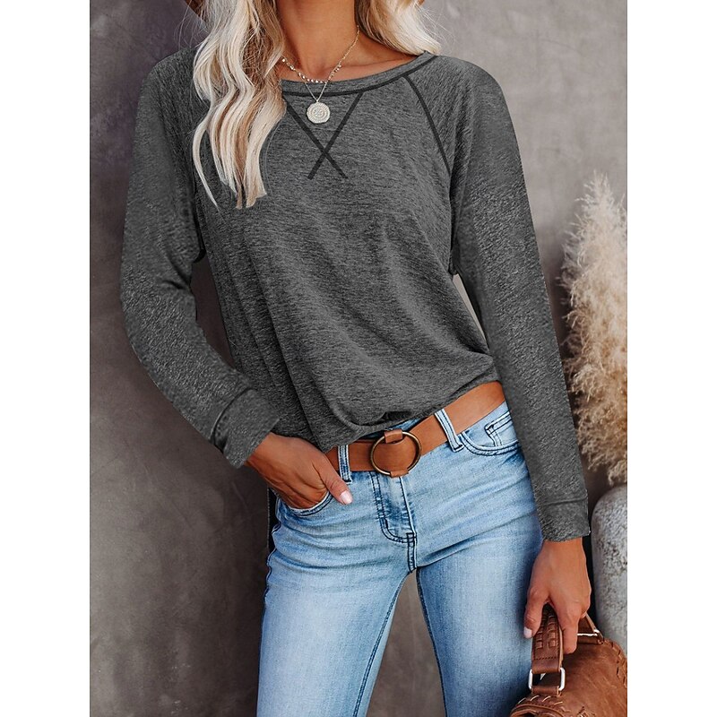 Women's T Shirt Color Block Fashion Stylish Modern Long Sleeve Crew Neck Regular Tops Daily Weekend Pink Wine Green Dark Gray Fall Winter4