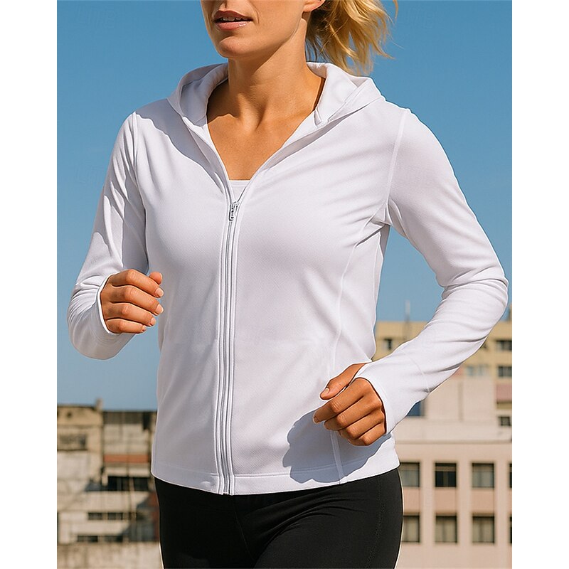 Women's Running Jacket Outdoor Jacket Pocket Full Zip Long Sleeve Outerwear Athletic Solid Colored Sun Protection Lightweight Breathable Tennis Golf Running Sportswear Activewear Black White Pink