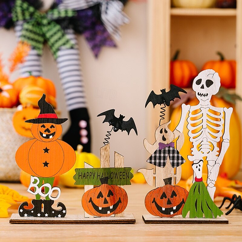 2pcs Halloween Wooden Skeleton Tabletop Decoration, Springy Skull with Pumpkin and Bat, Spooky Desktop Ornament for Halloween Party Decor