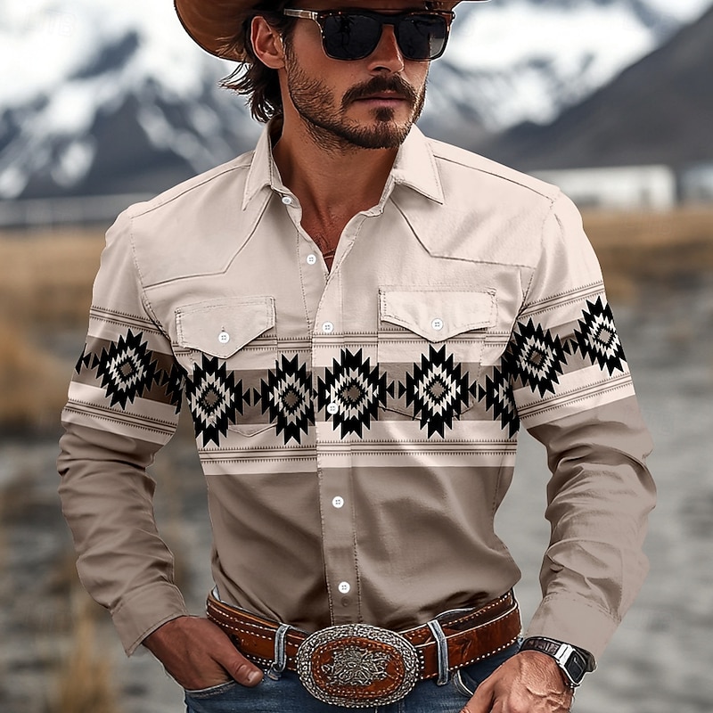 Men's Aztec Ethnic Shirt Western Shirt Cowboy Shirt Long Sleeve Vintage Western Style Tribal Outdoor Daily WorkWear Fall & Winter Turndown 3D Print Front Two Pockets Button Up Shirts Brown Gray