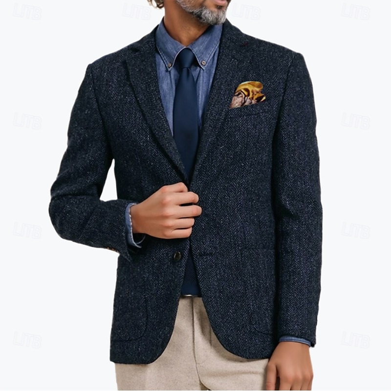 Men's Tweed Blazer Herringbone Blazer Jacket Dark Blue Wool Retro Vintage Classic Standard Fit Single Breasted Two-buttons