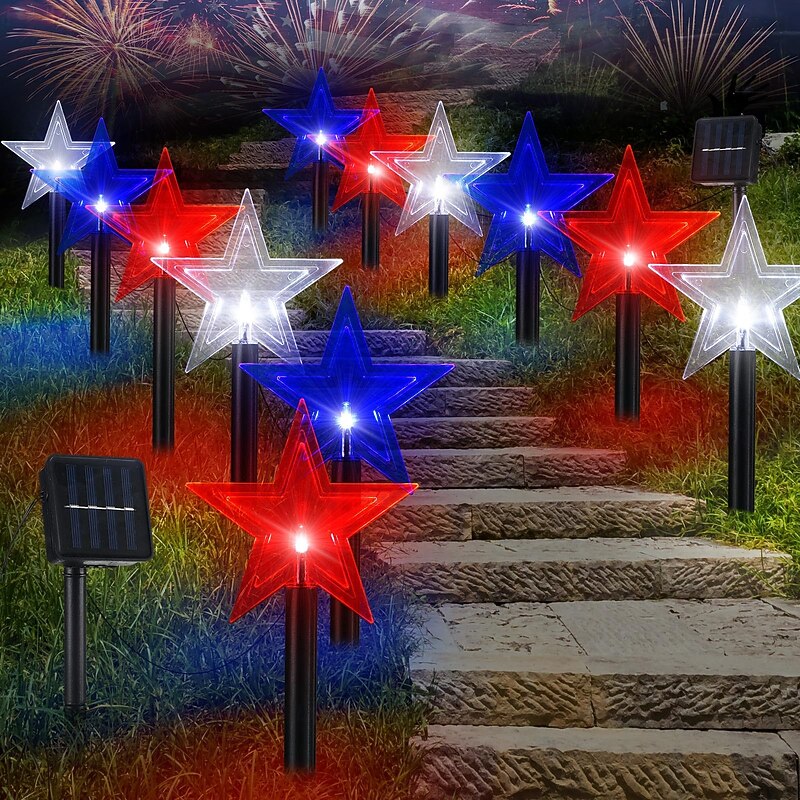1 Pc. Outdoor Solar Patriotic Pathway Lights Waterproof Red, White, Blue Five Pointed Star Ground Mounted Light July 4th Independence Day Courtyard Garden Lawn Party Patriotic Festival Atmosphere - Main Image