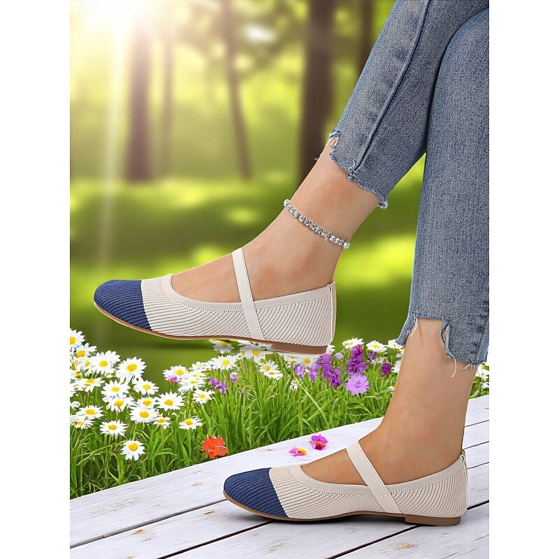 Women's Two-Tone Knit Ballet Flats with Strap – Breathable Casual Mary Jane Shoes for Daily Wear, Walking and Spring Outings4