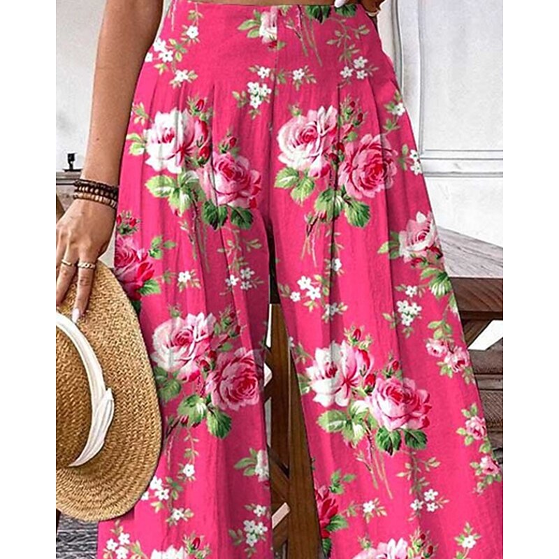 Women's Pants Trousers Palazzo Pants Fashion Boho Full Length High Waist Floral Elastic Waist Comfy Comfortable Micro-elastic Street Daily Wear Going out Pink Orange Summer Spring Regular Fit2