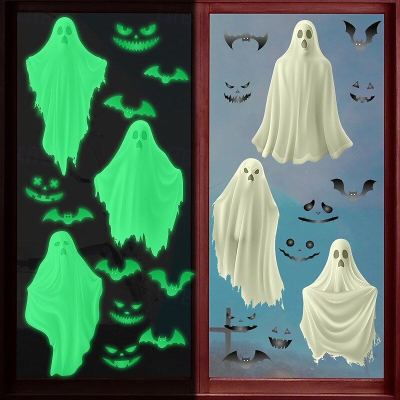 Halloween Glow-in-the-Dark Ghost Window Cling PVC Wall Stickers, White Luminous Ghost and Bat Decals for Halloween Party and Home Window Decor