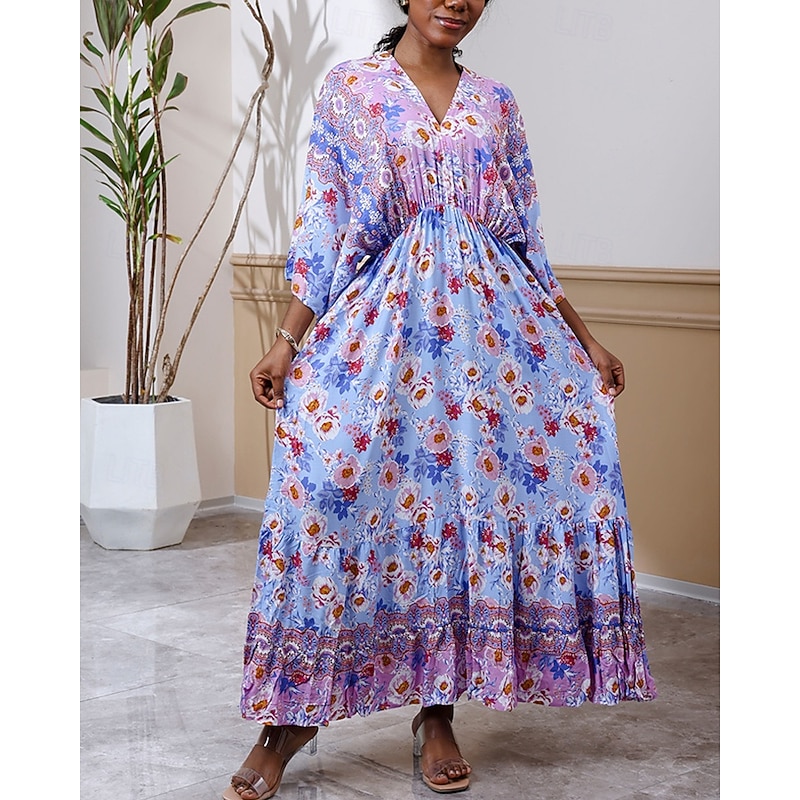 Women's Long Dress Maxi Dress Casual Dress Swing Dress Boho Dress Western Dress Elegant Fashion Romantic Outdoor Vacation Party Regular Fit Flower Long Sleeve V Neck Blue Spring Fall