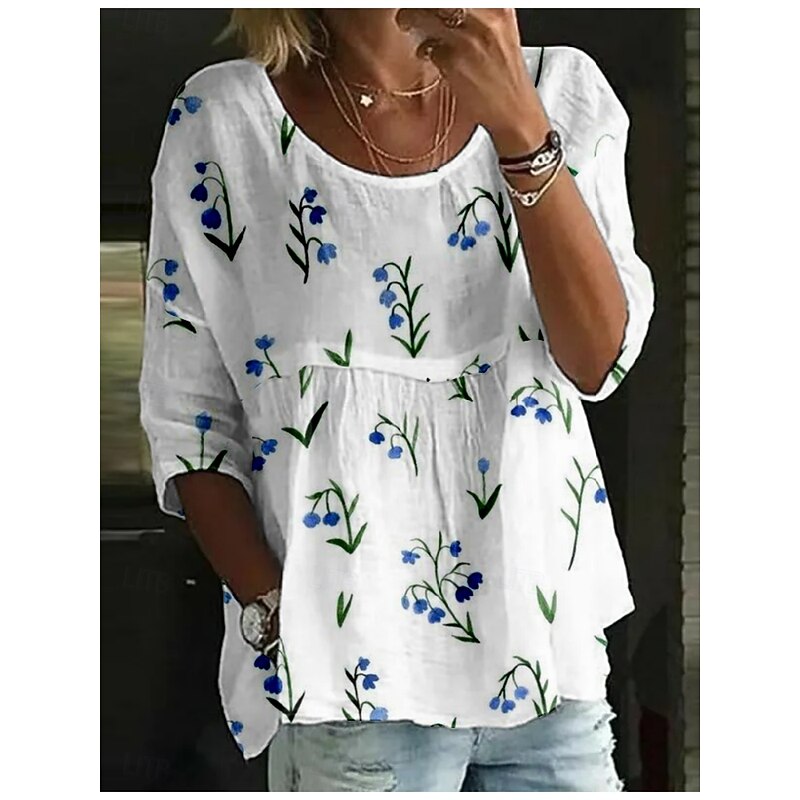 Women's Blouse Floral Stylish 3/4 Length Sleeve Crew Neck Regular Tops Daily Holiday Print White Pink Red Blue Purple Summer3