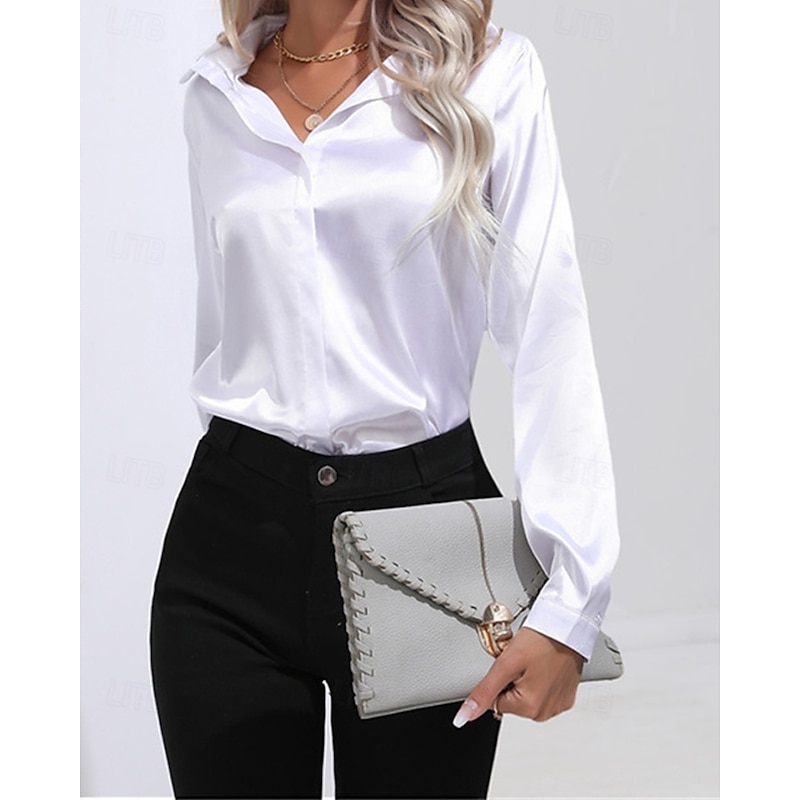 Women's Shirt Silk Shirt Plain Daily Stylish Casual Long Sleeve Shirt Collar Regular Tops Work Daily Holiday Buttons Black White Wine Spring Fall4