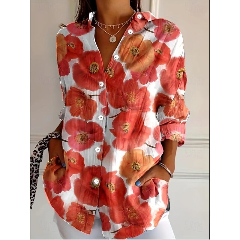 Women's Shirt Button Down Tunic Shirt Collar Long Sleeve Floral Graphic Abstract Vintage Tropical Daily Regular Tops Work Daily Holiday s Print Red Blue Purple Orange Green Spring2