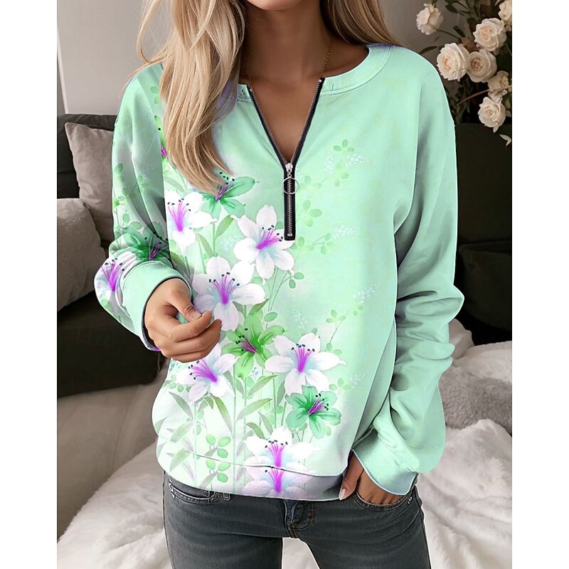 Women's Quarter Zipper Sweater Floral Graphic Casual Long Sleeve Crew Neck Regular Tops Street Dailywear Half Print Pink Blue Purple Green Fall Winter3