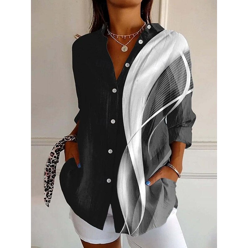 Women's Shirt Geometric Active Daily Stylish Long Sleeve Shirt Collar Regular Tops Daily Holiday Buttons Print Black White Spring Fall