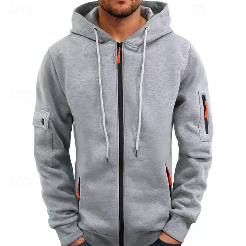 Men's Hoodie Full Zip Hoodie Black Navy Blue Camel Light Grey Dark Gray Hooded Plain Patchwork Sports & Outdoor Daily Holiday Polyester Streetwear Basic Casual Spring &  Fall Clothing Apparel Hoodies