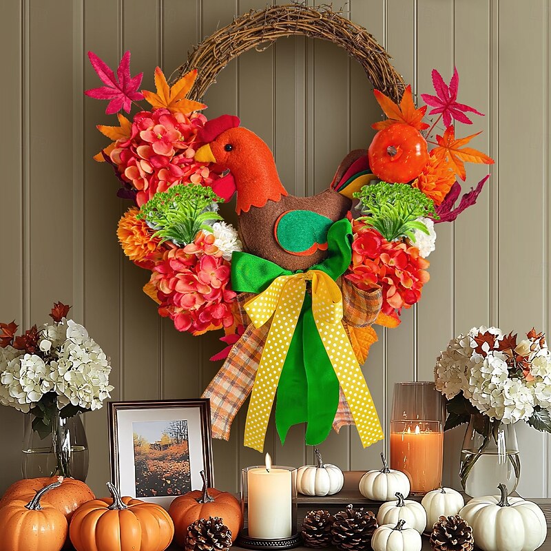 Fall Wreath for Front Door Thanksgiving Autumn Harvest Indoor Outdoor Decoration, Chick Plush and Hydrangea Twig Wreath with Maple Leaves Grapevine Garland