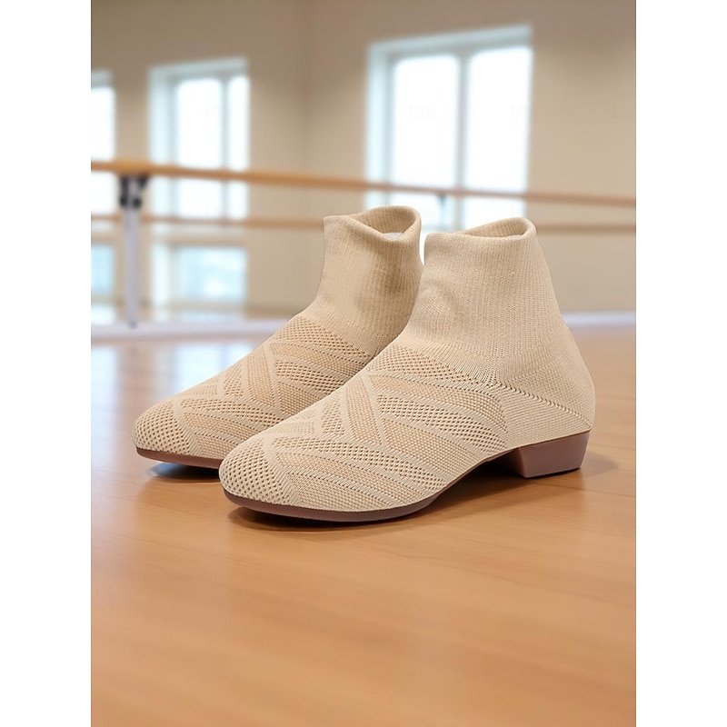 Women's Beige Knit Dance Boots, Breathable Stretch Sock-Style Professional Jazz Shoes for Practice and Stage Performance4