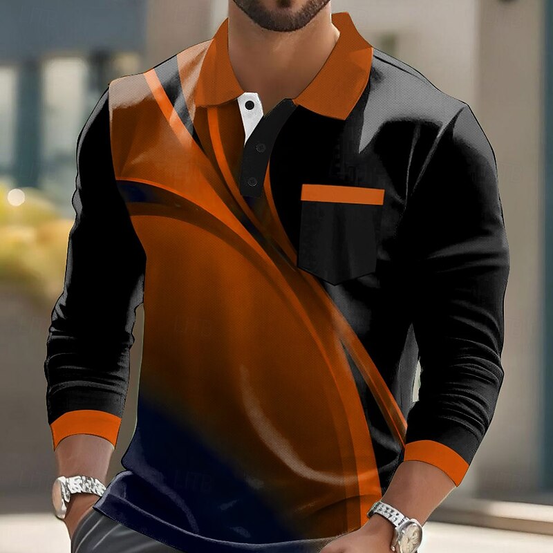 Men's Geometric Polo Long Sleeve Polo Shirts Collared Shirts Business Casual Business Athleisure Daily Wear Pocket 3D Print Buttons Spring Fall Winter Red Blue Brown4