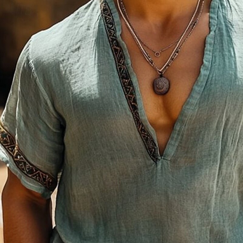 Men's T Shirt Tee Short Sleeve Shirt Tee Top Short Sleeve V Neck Summer Embroidery Bohemia Vintage Casual Patchwork Vacation Street Casual Daily Light Sky Blue Top Tee for Men2