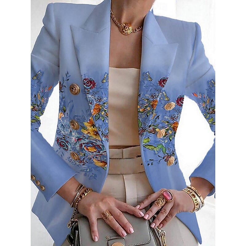 Women's Blazer Comfortable Breathable Print Elegant Casual Leaf Formal Work Office / Career Double Breasted Regular Turndown Regular Fit Long Sleeve Outerwear White Blue Green Summer2