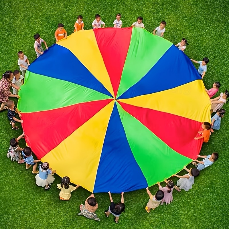 Rainbow Parachute with a Diameter of 6.5 Feet Featuring 8 Panels And 8 Handles Comes with a Carrying Bag Made of 210T Taffeta Perfect for Gymnastics Fun Team Activities And Kindergarten Games