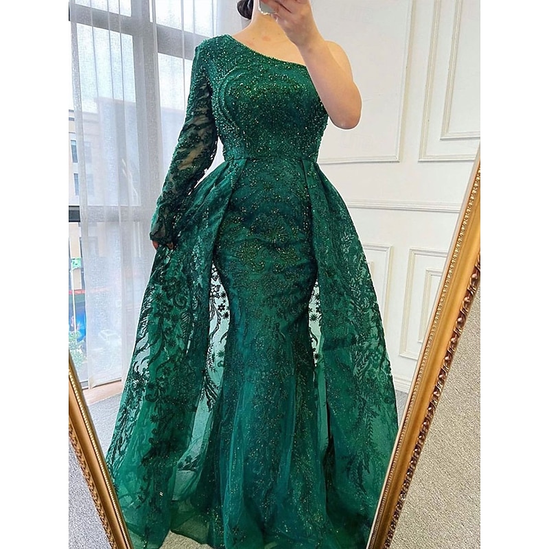 A-Line Evening Gown Elegant Dress Formal Wedding Floor Length Long Sleeve One Shoulder Lace with Sequin3