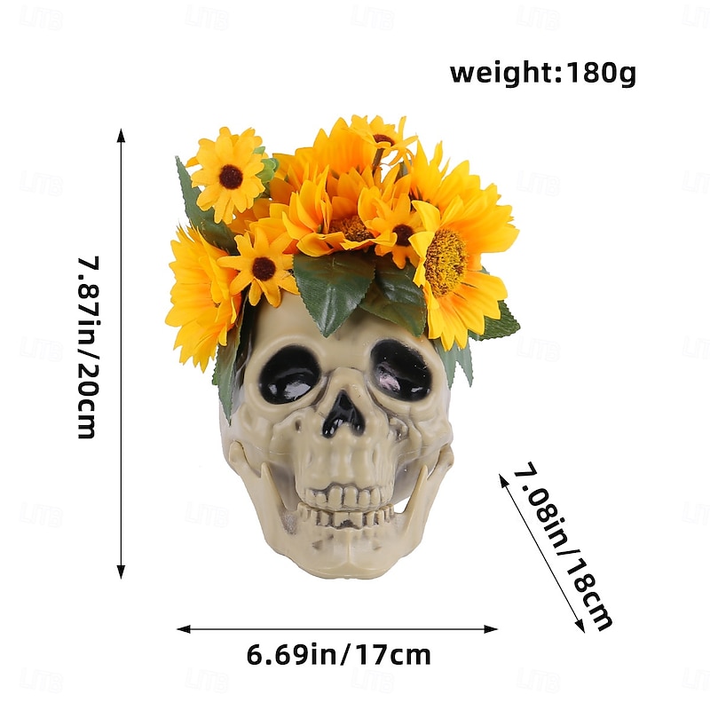 Halloween Skull Head with Flower Decoration, Resin Sunflower Ghost Skull Prop, Haunted House Horror Scene Tabletop Decor4