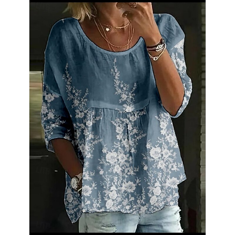 Women's Blouse Floral Stylish 3/4 Length Sleeve Crew Neck Regular Tops Daily Holiday Print Pink Blue Green Rose Pink Summer