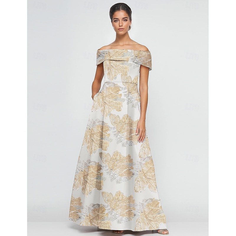 Jacquard Brocade Floral  A-Line Evening Gown Elegant Dress Formal Wedding Floor Length Short Sleeve Off Shoulder Pocket Nylon with Slit Pocket