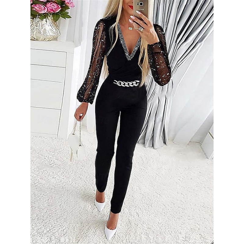 Women's Normal Jumpsuit Active Solid Color Long Sleeve V Neck Mesh Patchwork Vacation Street Regular Fit Black Summer