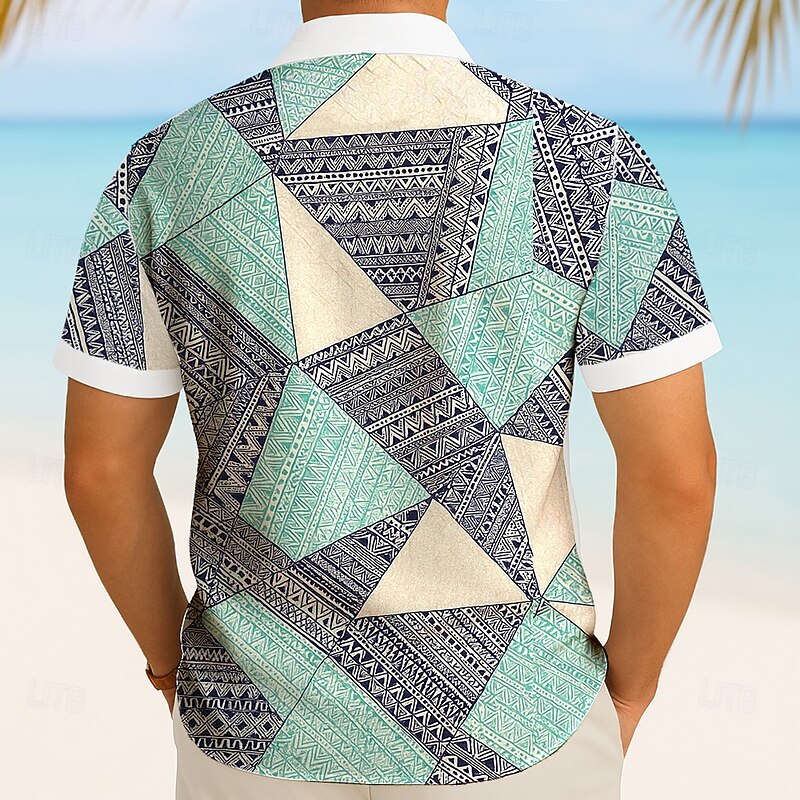 Men's Geometric Color-blocking Shirt Summer Shirt Button Up Shirt Short Sleeve Fashion Casual Outdoor Vacation Dailywear Summer Spring Turndown 3D Print Collared Shirts Front One Pocket Green2