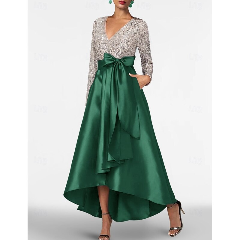 A-Line Cocktail Dresses Elegant Dress Formal Wedding Asymmetrical Long Sleeve V Neck Pocket Satin with Bow(s)3