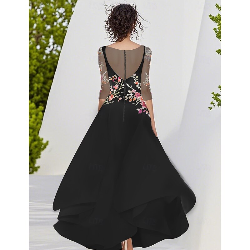 A-Line Cocktail Dresses High-low Dress Sequin Floral Lace Elegant Dress Formal Wedding Tea Length 3/4 Length Sleeve Crew Neck Dress Satin with Ruffles3