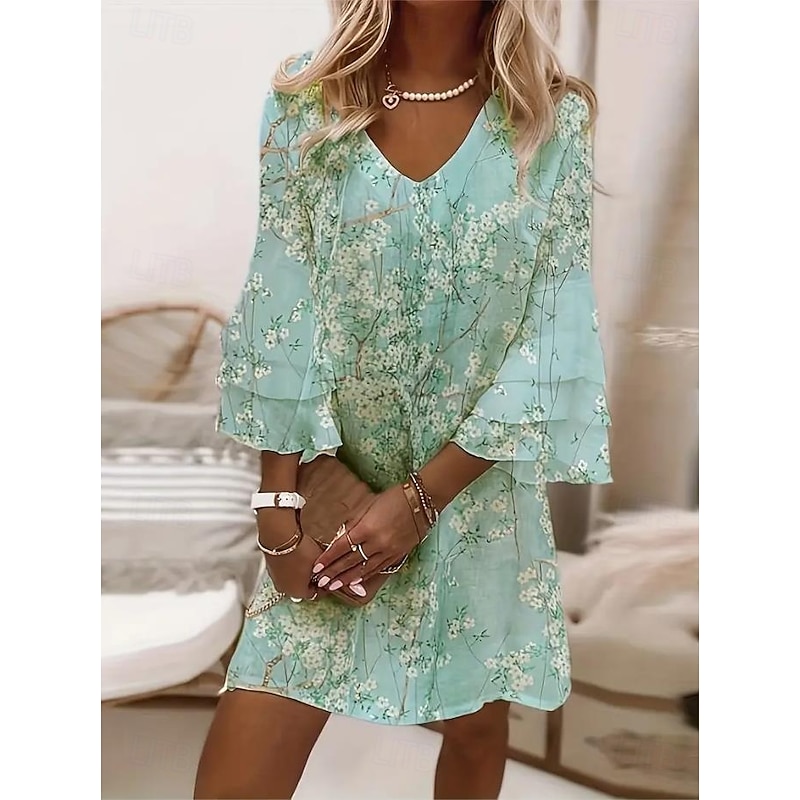 Women's Mini Dress Sundress A Line Dress Boho Party Regular Fit Floral Graphic 3/4 Length Sleeve V Neck Light Pink Light Green Dark Pink Sky Blue Summer Spring