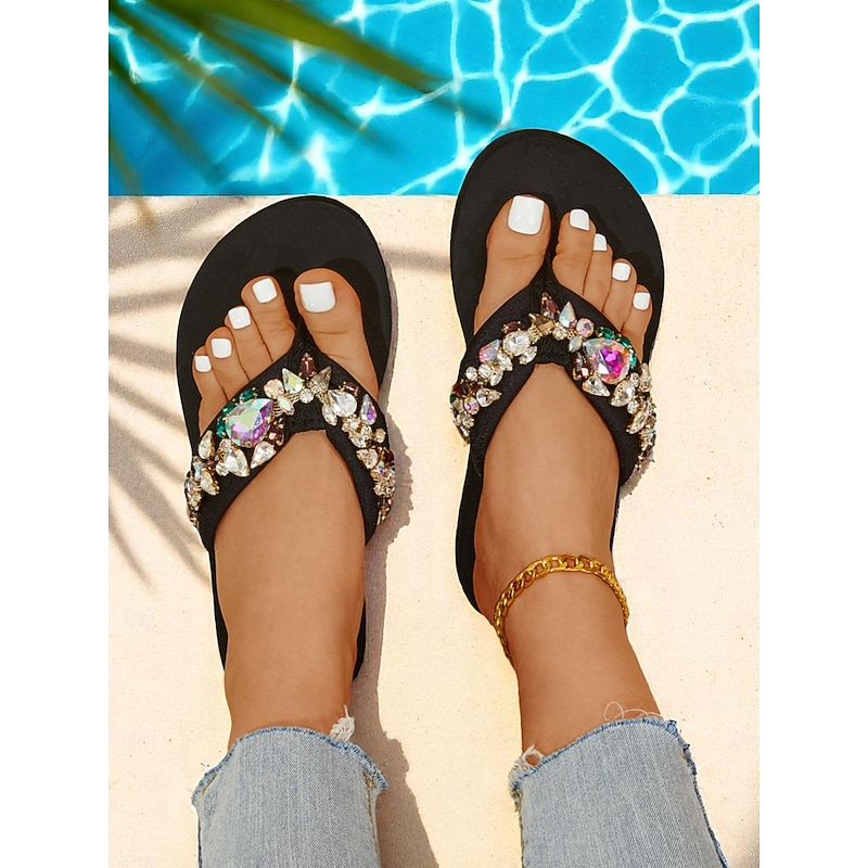 Women's Black Rhinestone Flip Flop Sandals with Colorful Crystal Embellishments – Glam Beach Slides for Pool Parties, Vacations, and Summer Outfits2