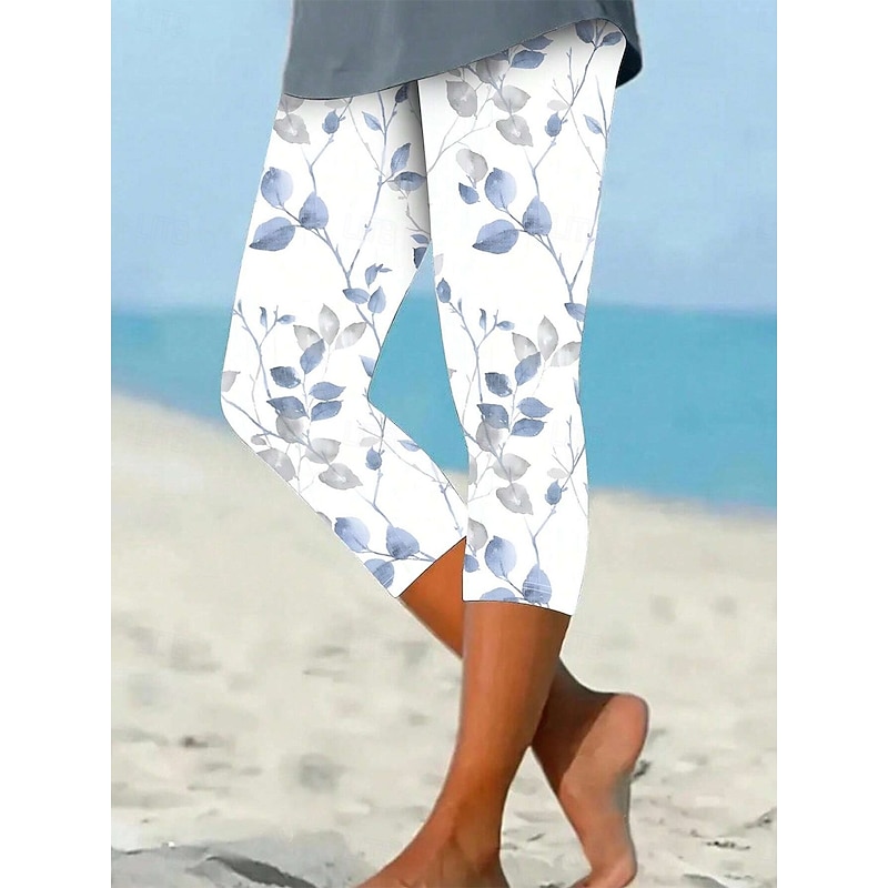 Women's Leggings Vacation Vintage Basic Calf-Length High Waist Graphic Leaf Quick Dry Soft Comfortable Stretchy Casual Daily Holiday Robin's Egg Blue Yellow Red Green Summer Spring Slim Fit3