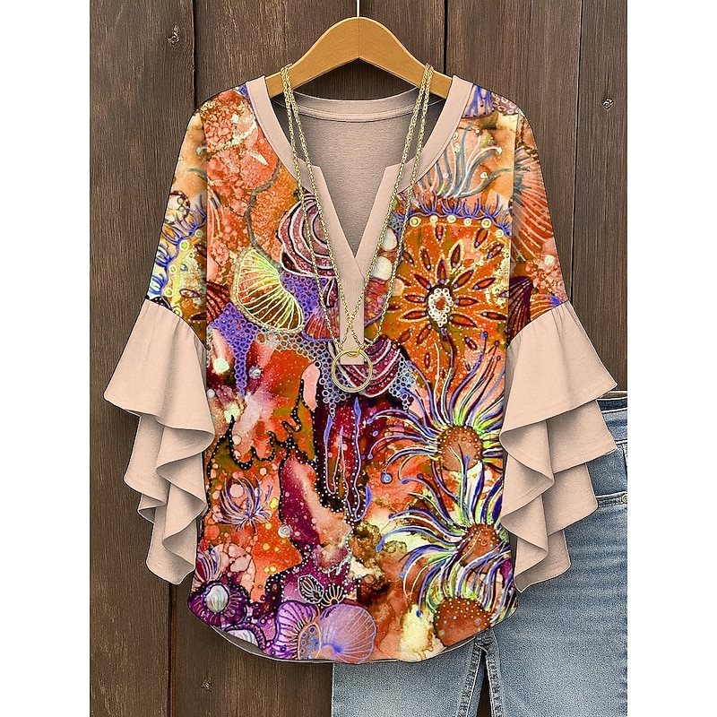 Women's Blouse V Neck Ombre Graphic Abstract Bohemia Vintage Daily 3/4 Length Sleeve Regular Tops Daily Holiday Vacation Wear Print Pink Blue Purple Orange Green Summer Spring Fall4