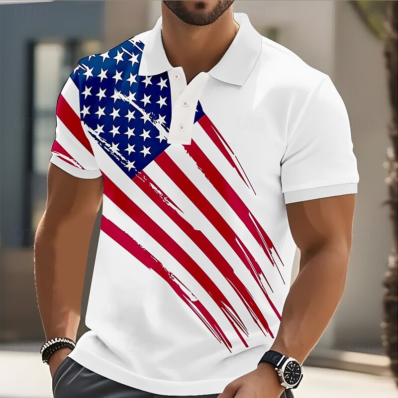Men's American US Flag Polo Short Sleeve Polo Shirts Lapel Casual Athleisure Buttons 3D Print Summer Blue