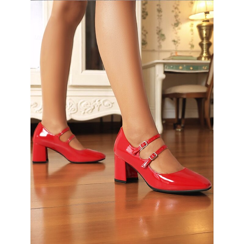 Women's Red Double-Strap Mary Jane Heels – 1950s Retro Patent Leather Pumps for Vintage Parties, Costumes, and Dance Events4