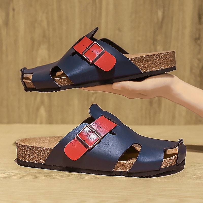 Men's Adjustable Buckle Strap Navy Slides Cork Footbed Faux Leather Sandals for Casual Summer and Outdoor Relaxation4