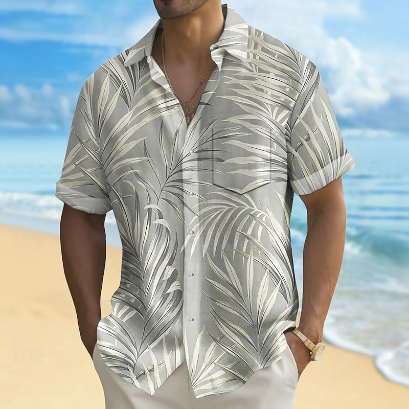 Men's Palm Leaf Tropical Plants Summer Hawaiian Shirt Button Up Shirt Aloha Shirt Short Sleeve Hawaiian Holiday Beach Wear Summer Spring Turndown 3D Print Collared Shirts Front One Pocket Light Green4