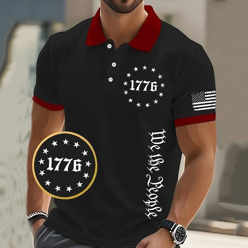 American Independence Day Men's 1776 National Flag Polo Shirts Button Up Polos Golf Shirt Short Sleeve Polo Shirts Lapel Fashion Casual Daily Festival Print Summer Black White2